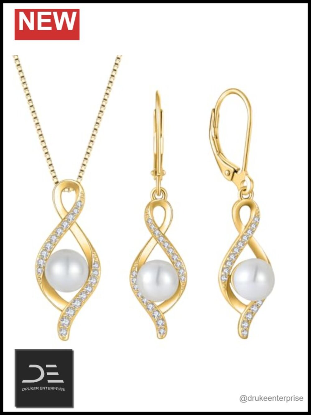 18K Yellow Gold Plated Freshwater Pearl Necklace & Earrings Set 925 Sterling